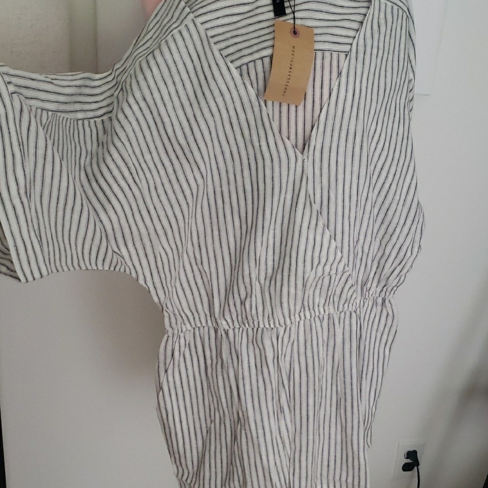 Striped V-Neck Cotton Romper. Large. NWT.